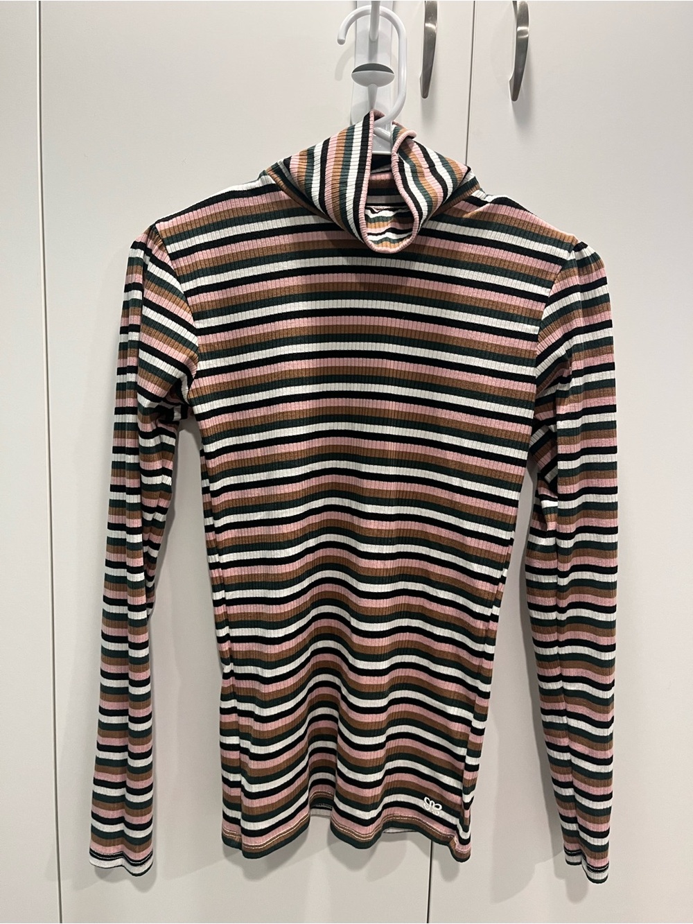 Albion Striped Ribbed Turtleneck in Pink, Black, Tan, Cream, Green
